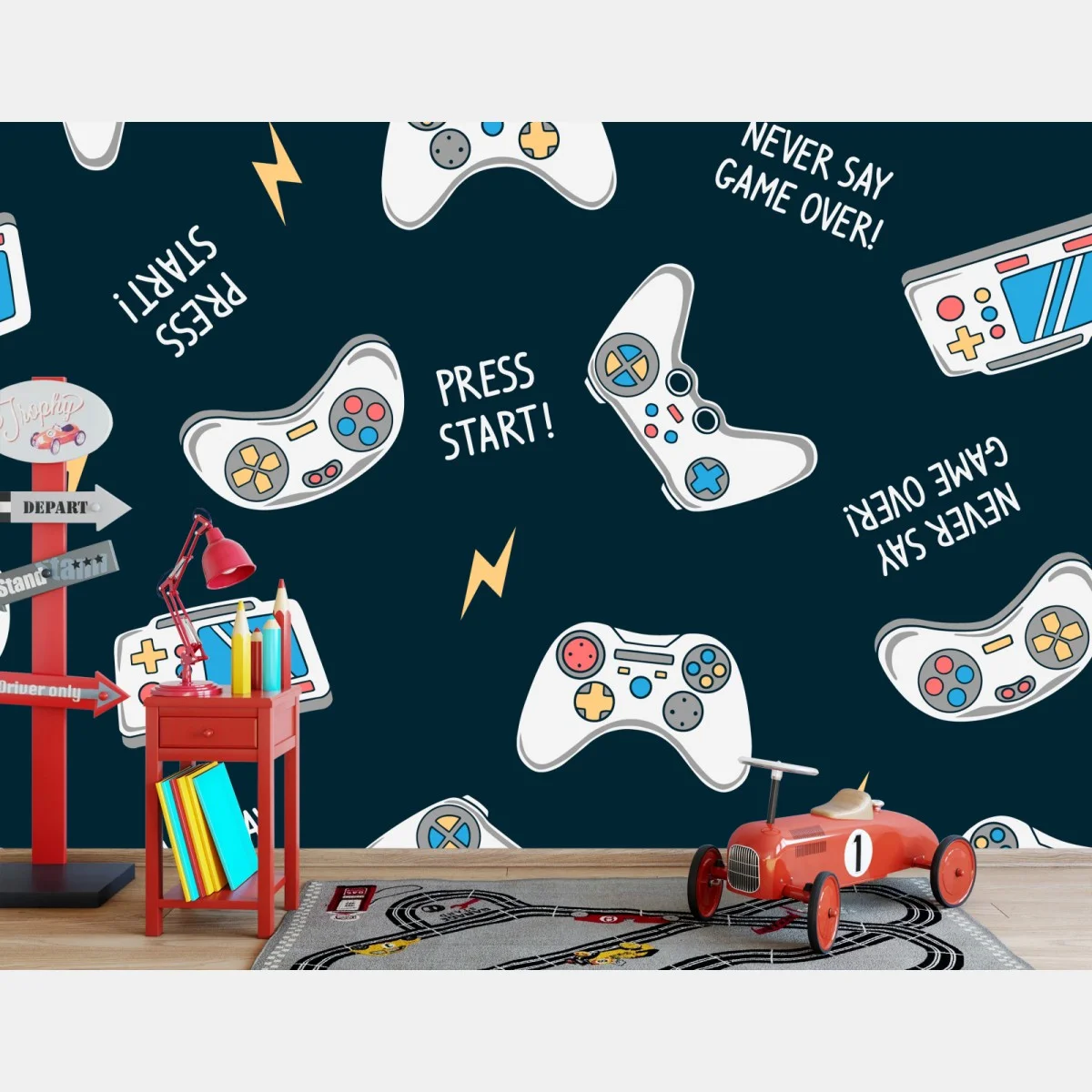 Papier peint motif manettes de jeux vidéo rétro et slogans ludiques – Wallnifity® Papier peint motif manettes de jeux vidéo rétro et slogans ludiques – Wallnifity®