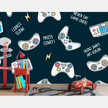 Papier peint motif manettes de jeux vidéo rétro et slogans ludiques – Wallnifity®