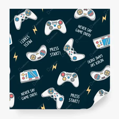 Papier peint motif manettes de jeux vidéo rétro et slogans ludiques – Wallnifity®