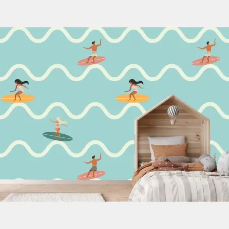 Papier peint motif surf rétro sur fond turquoise – Wallnifity®
