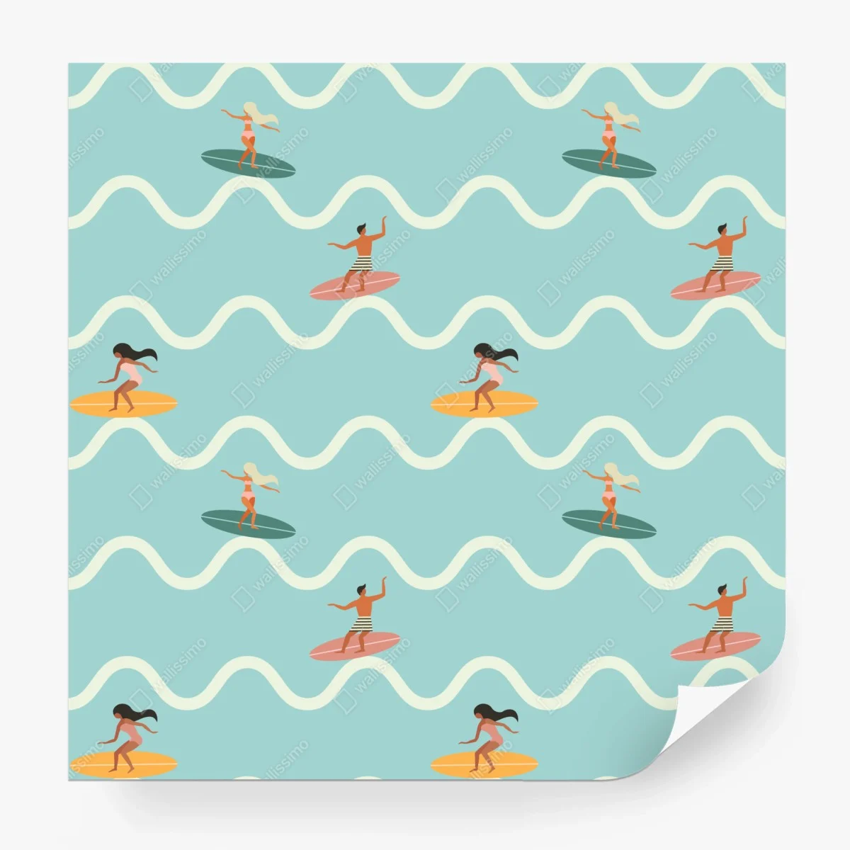 Papier peint motif surf rétro sur fond turquoise – Wallnifity®
