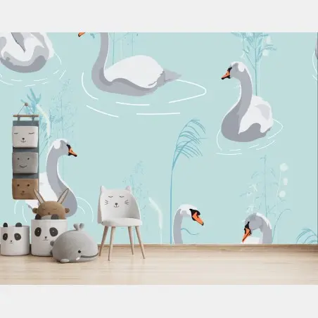 Papier peint cygnes sur fond bleu pastel – Wallnifity®
