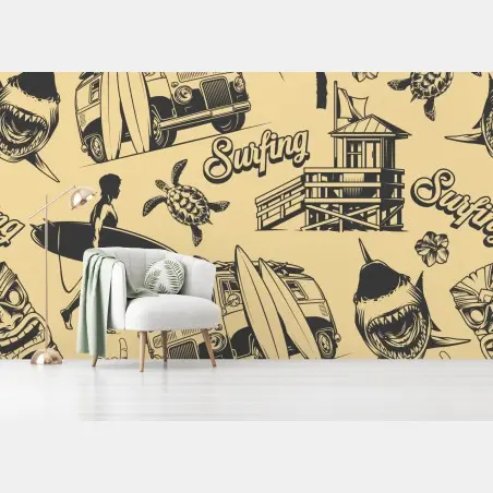 Papier peint motif surf tropical rétro – Wallnifity®