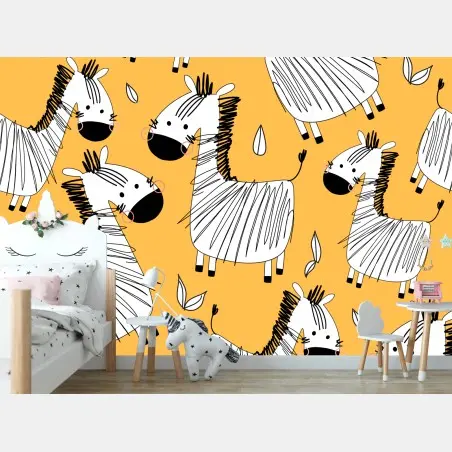 Papier peint motif zèbres joyeux sur fond jaune – Wallnifity®
