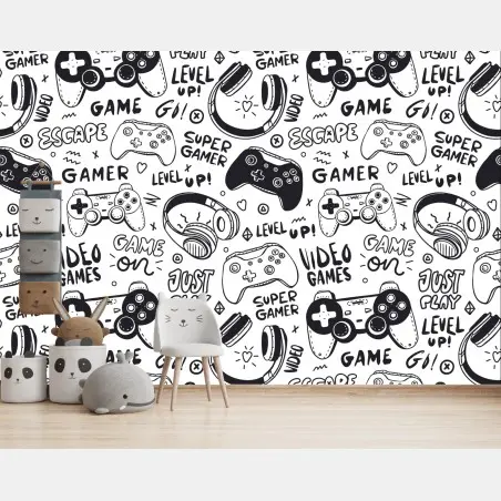 Papier peint motif doodle jeux vidéo noir et blanc – Wallnifity®