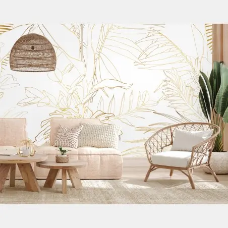 Papier peint motif botanique doré de feuilles tropicales – Wallnifity®