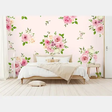 Papier peint motif floral romantique aux roses pastel – Wallnifity®