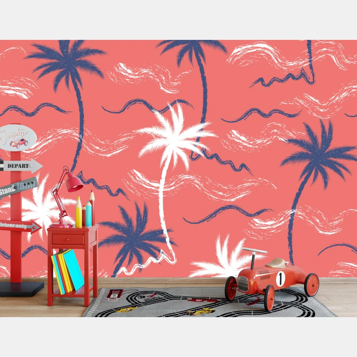 Papier peint motif tropical palmiers sur fond corail – Wallnifity® Papier peint motif tropical palmiers sur fond corail – Wallnifity®
