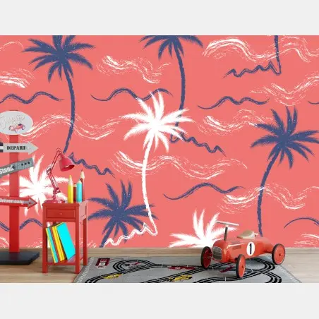 Papier peint motif tropical palmiers sur fond corail – Wallnifity®
