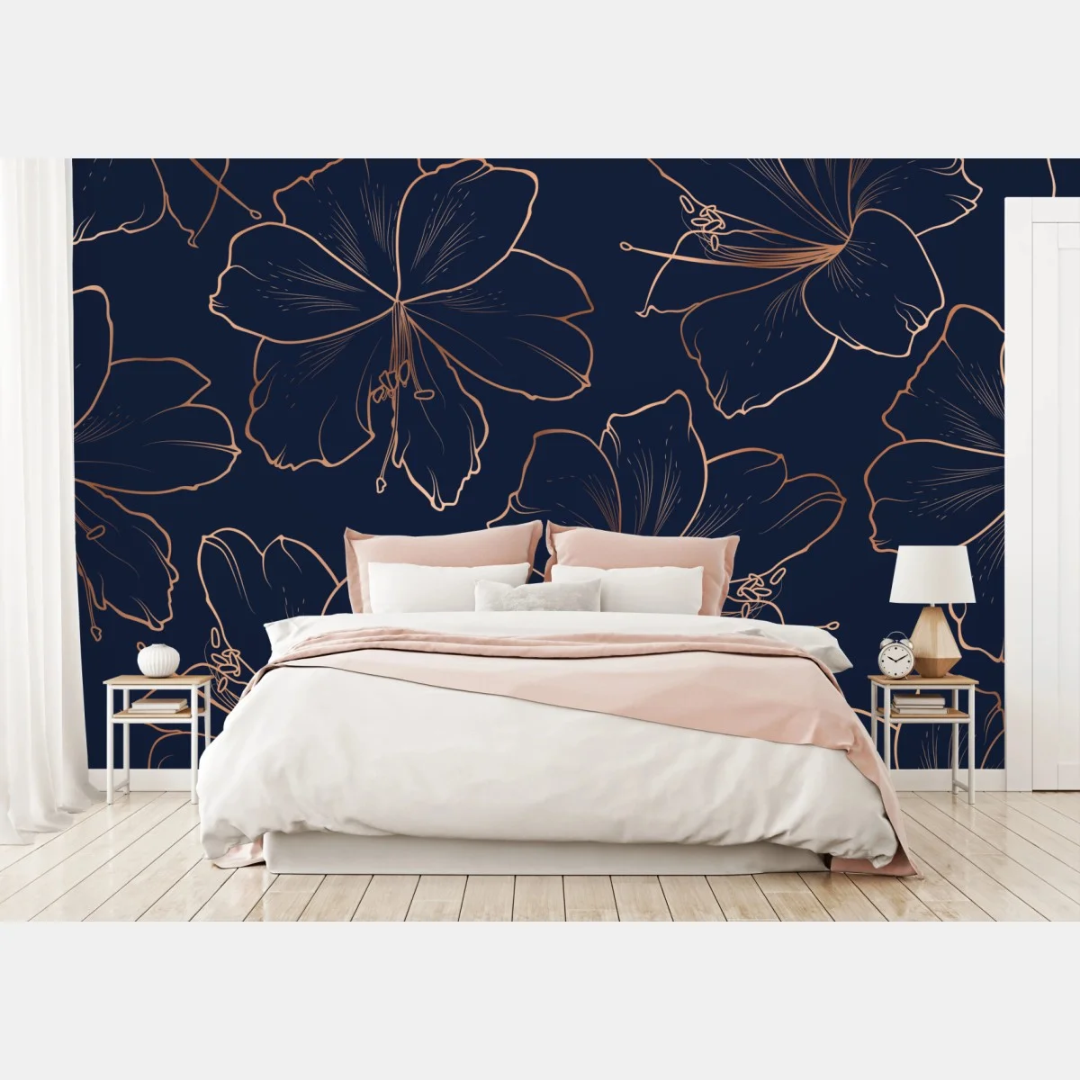 Papier peint fleurs dorées sur fond bleu marine – Wallnifity® Papier peint fleurs dorées sur fond bleu marine – Wallnifity®