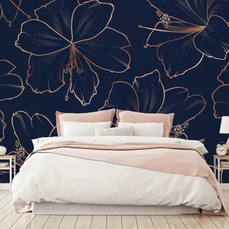Papier peint fleurs dorées sur fond bleu marine – Wallnifity®