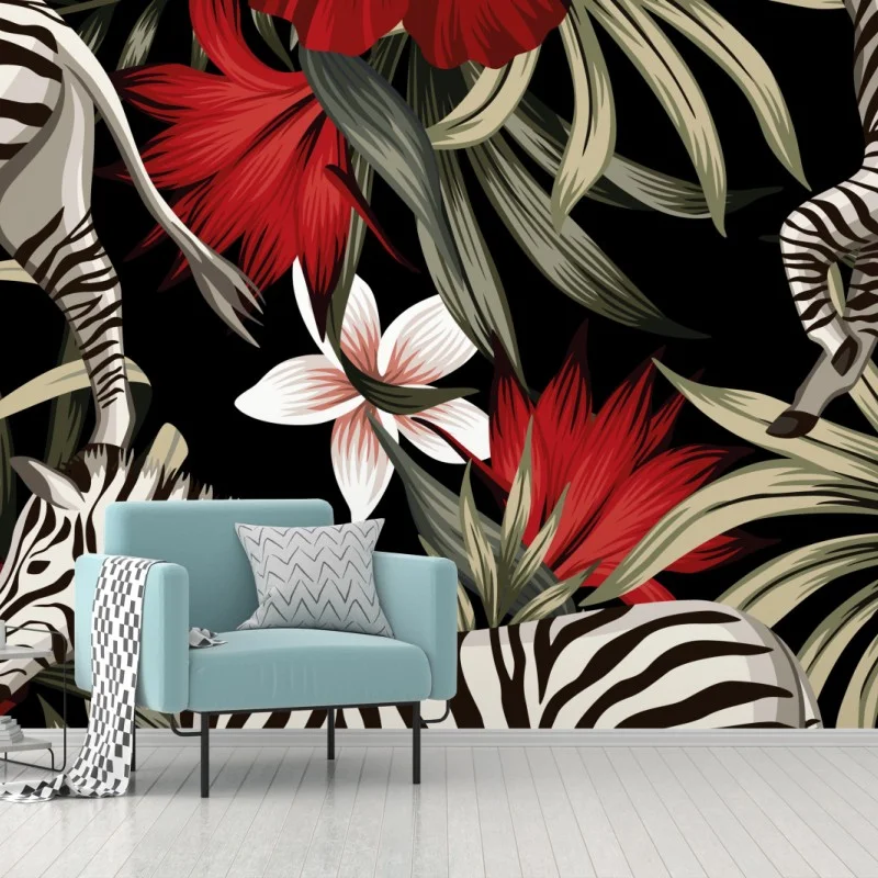 Papier peint zèbres et fleurs tropicales sur fond noir – Wallnifity® Papier peint zèbres et fleurs tropicales sur fond noir – Wallnifity®