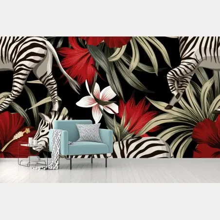 Papier peint zèbres et fleurs tropicales sur fond noir – Wallnifity®