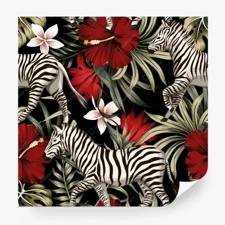 Papier peint zèbres et fleurs tropicales sur fond noir – Wallnifity®