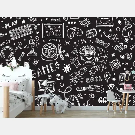 Papier peint motif doodle jeux vidéo en noir et blanc – Wallnifity®