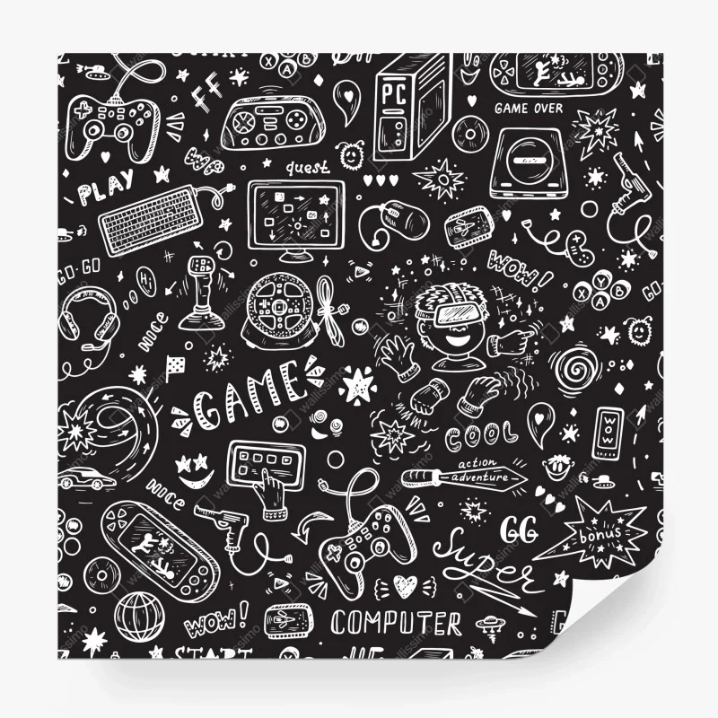 Papier peint motif doodle jeux vidéo en noir et blanc – Wallnifity® Papier peint motif doodle jeux vidéo en noir et blanc – Wallnifity®