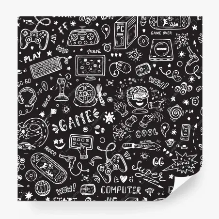 Papier peint motif doodle jeux vidéo en noir et blanc – Wallnifity®