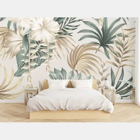 Papier peint motif botanique tropical tons sable et vert sauge – Wallnifity®