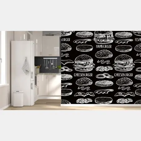 Papier peint motif burgers en dessin blanc sur fond noir – Wallnifity®