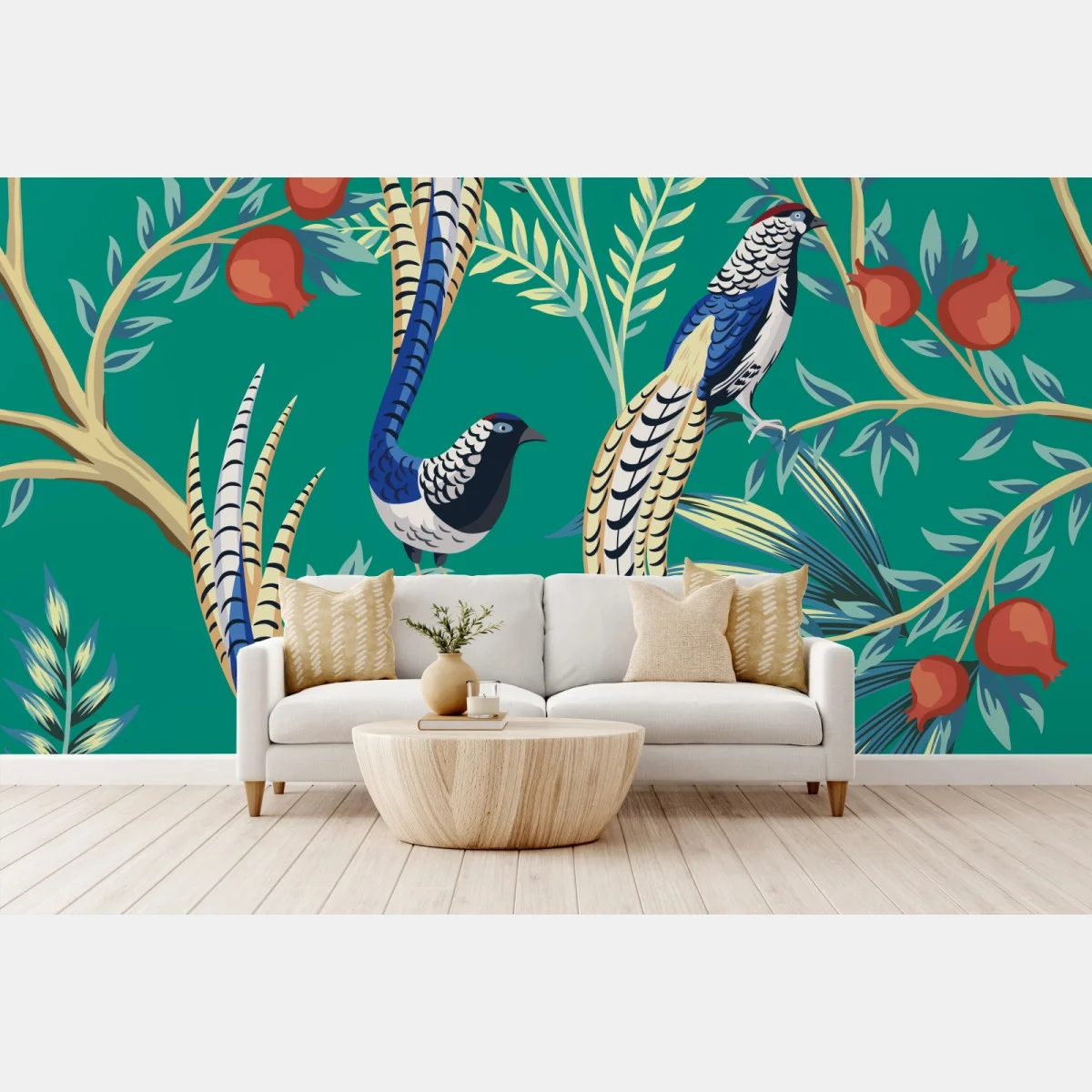 Papier peint motif exotique d'oiseaux et grenades sur fond émeraude – Wallnifity® Papier peint motif exotique d'oiseaux et grenades sur fond émeraude – Wallnifity®