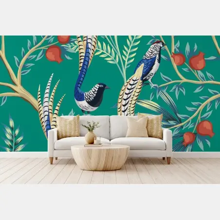 Papier peint motif exotique d'oiseaux et grenades sur fond émeraude – Wallnifity®