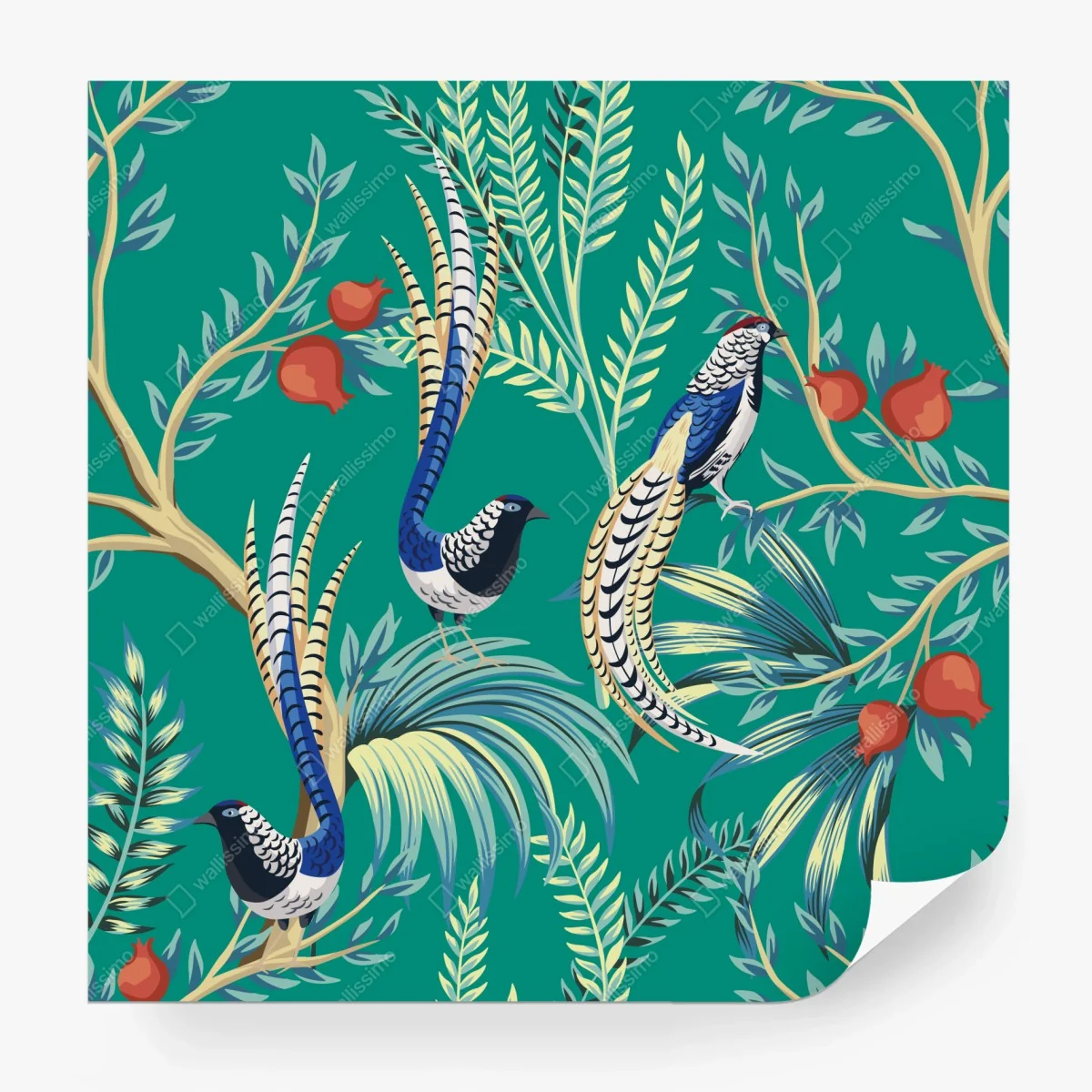 Papier peint motif exotique d'oiseaux et grenades sur fond émeraude – Wallnifity® Papier peint motif exotique d'oiseaux et grenades sur fond émeraude – Wallnifity®