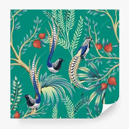 Papier peint motif exotique d'oiseaux et grenades sur fond émeraude – Wallnifity®
