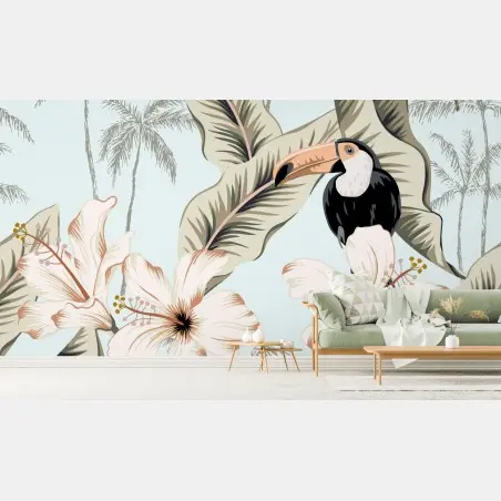 Papier peint motif tropical avec toucans et hibiscus – Wallnifity®