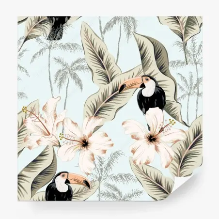 Papier peint motif tropical avec toucans et hibiscus – Wallnifity®