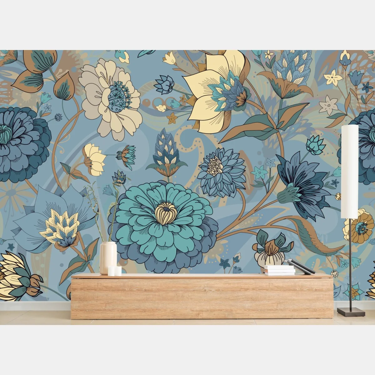 Papier peint motif floral bohème aux tons bleus et turquoise – Wallnifity® Papier peint motif floral bohème aux tons bleus et turquoise – Wallnifity®