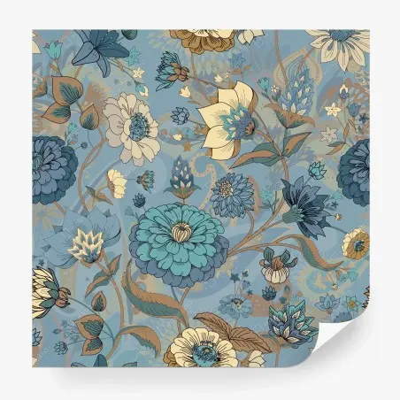 Papier peint motif floral bohème aux tons bleus et turquoise – Wallnifity®