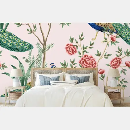 Papier peint paons et fleurs, motif botanique chic sur fond rose – Wallnifity®