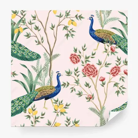 Papier peint paons et fleurs, motif botanique chic sur fond rose – Wallnifity®