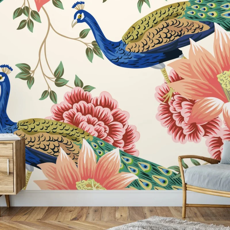 Papier peint paons et fleurs exotiques sur fond ivoire – Wallnifity® Papier peint paons et fleurs exotiques sur fond ivoire – Wallnifity®