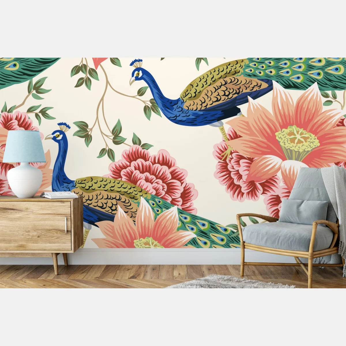 Papier peint paons et fleurs exotiques sur fond ivoire – Wallnifity® Papier peint paons et fleurs exotiques sur fond ivoire – Wallnifity®
