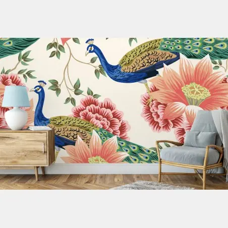 Papier peint paons et fleurs exotiques sur fond ivoire – Wallnifity®