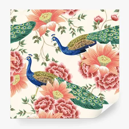 Papier peint paons et fleurs exotiques sur fond ivoire – Wallnifity®