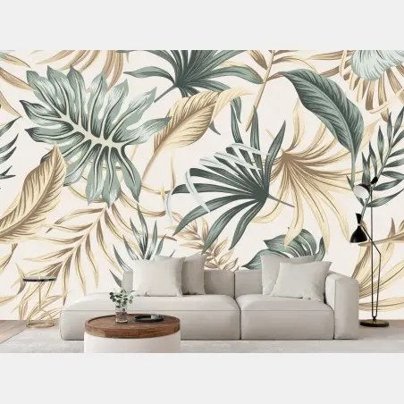 Papier peint motif feuillage tropical aux tons naturels – Wallnifity®