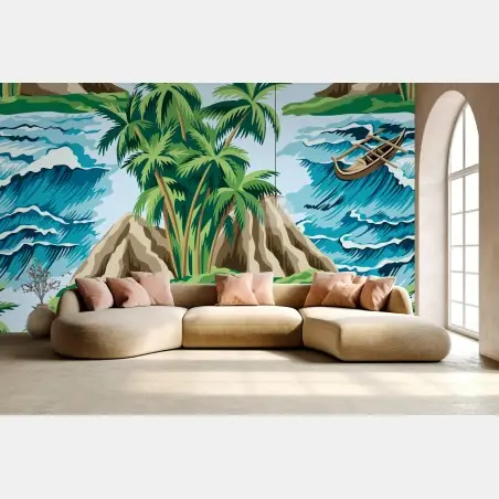Papier peint paradis tropical aux vagues tumultueuses – Wallnifity®