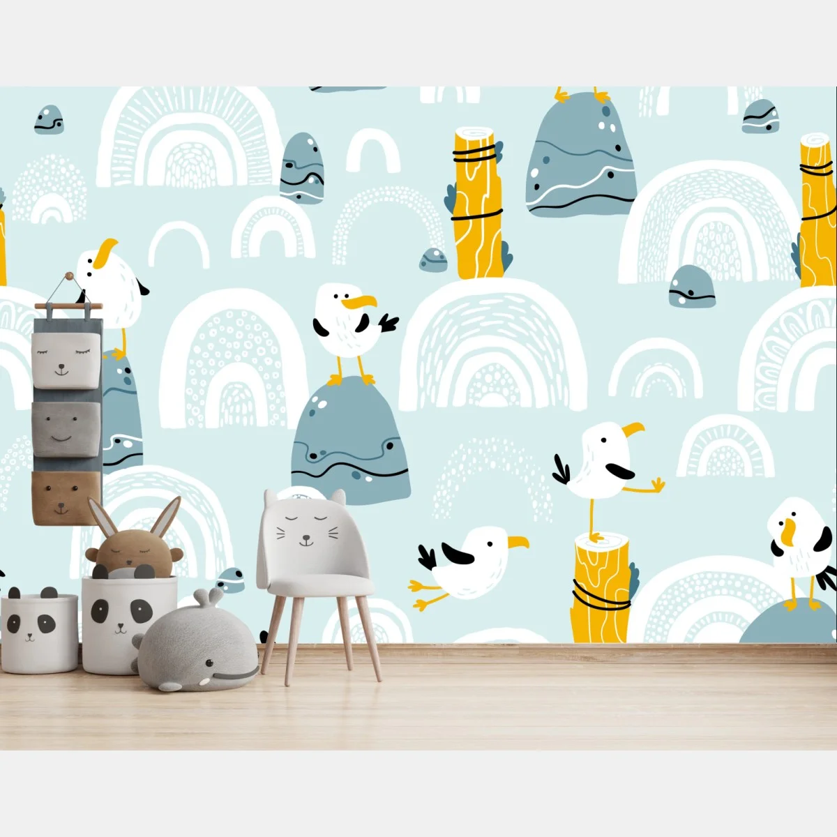 Papier peint motif de mouettes et galets sur fond pastel – Wallnifity® Papier peint motif de mouettes et galets sur fond pastel – Wallnifity®