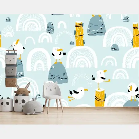 Papier peint motif de mouettes et galets sur fond pastel – Wallnifity®