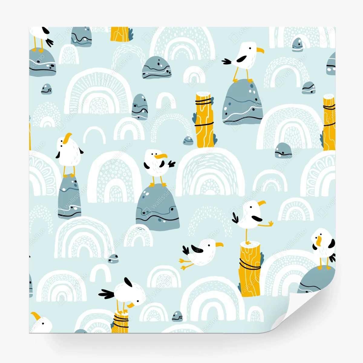 Papier peint motif de mouettes et galets sur fond pastel – Wallnifity® Papier peint motif de mouettes et galets sur fond pastel – Wallnifity®