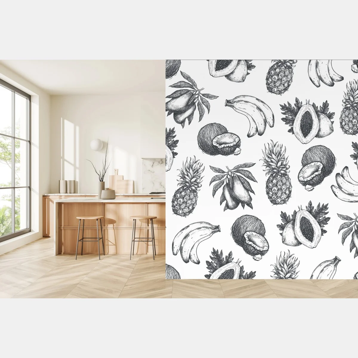 Papier peint motif fruits tropicaux croquis en noir et blanc – Wallnifity® Papier peint motif fruits tropicaux croquis en noir et blanc – Wallnifity®