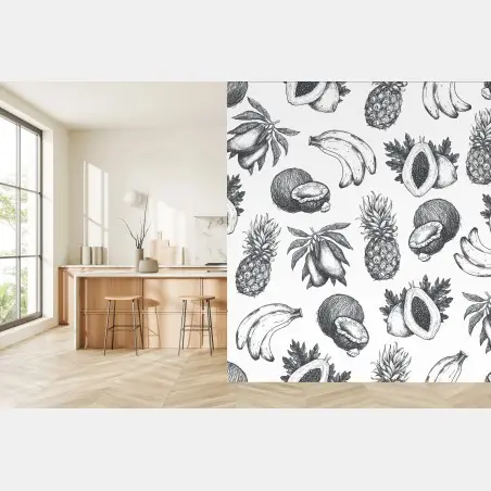 Papier peint motif fruits tropicaux croquis en noir et blanc – Wallnifity®