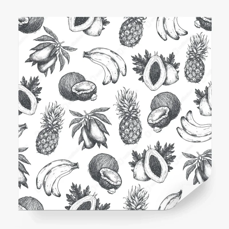 Papier peint motif fruits tropicaux croquis en noir et blanc – Wallnifity® Papier peint motif fruits tropicaux croquis en noir et blanc – Wallnifity®