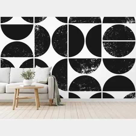Papier peint motif géométrique de cercles noirs et blancs texturés – Wallnifity®