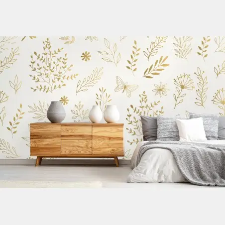 Papier peint motif botanique doré minimaliste – Wallnifity®