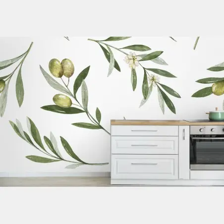 Papier peint motif d'olivier à l'aquarelle pour déco murale – Wallnifity®