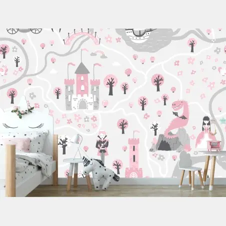 Papier peint carte féerique rose aux châteaux et créatures – Wallnifity®