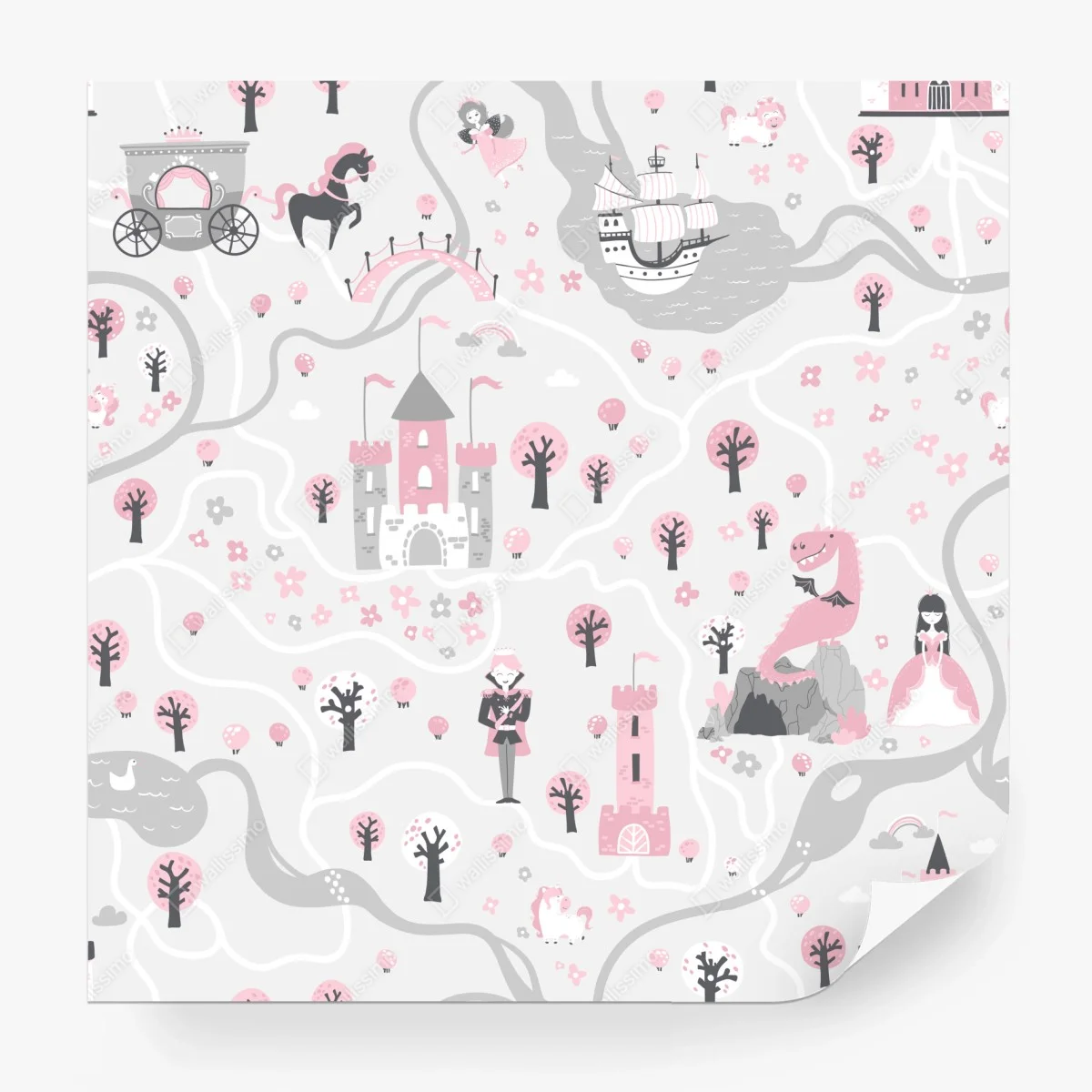 Papier peint carte féerique rose aux châteaux et créatures – Wallnifity®
